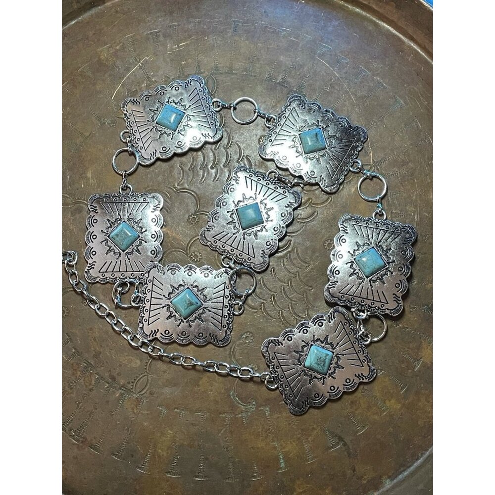 Womens Western Southwest Silver Aztec Fall Chain belt adjustable Turquoise